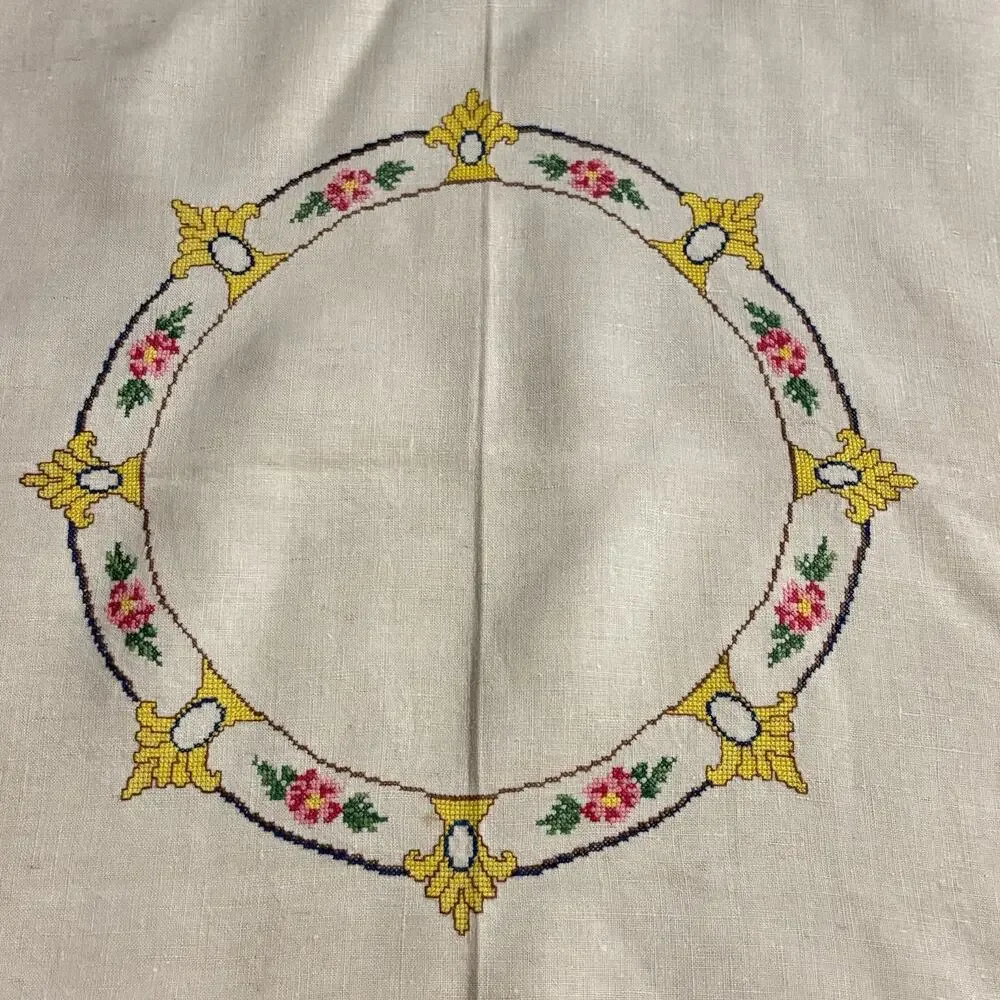 Vintage Hand Embroidered Bridge Card Tablecloth 33.5
